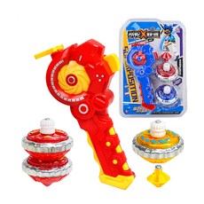 手持式拉線對戰陀螺 會發光/可磁吸/疊羅漢 發射器 + 陀螺 2個 + 陀尖, 顏色隨機, 1組