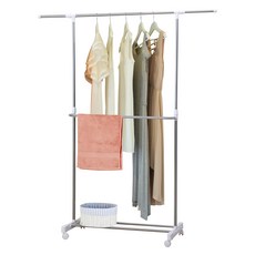 雙手萬能 不鏽鋼可伸縮單桿雙層置衣架, 97.5~138 x 42 x 103~178cm, 46366NA-YTC