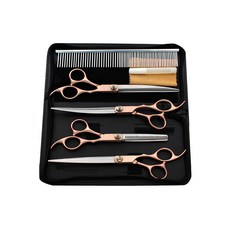 YOGiSSO 寵物美容剪刀組, 4種剪刀, 梳, 剪刀清潔布, 螺絲調節器, 人工皮革盒, 玫瑰金, 1組
