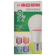 TOA 東亞照明 9W 白色 LED 球泡燈, 自然光, 1組