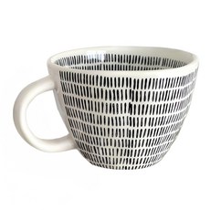 日式手捏不規則造型陶瓷杯 Set 2個 350ML, 小豎條紋 白色 + 黑色