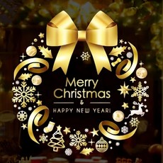 摩達客 耶誕靜電玻璃貼, Merry Christmas & Happy New Year, 金色3號蝴蝶結雪花聖誕花圈, 26 x 26cm