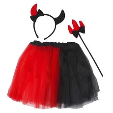 摩達客 COSPLAY派對變裝扮 兒童惡魔牛角精靈仙子裝三件組, 兒童角色扮演服裝, 萬聖節派對服裝, 髮箍18 x 19cm + 紗裙31 x 35cm + 仙女棒33 x 9.5cm, 惡魔