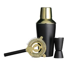 bar craft 雪克杯3件組 專業調酒工具套裝 不鏽鋼雪克杯 附量杯與隔冰匙, 霧面 黑色 + 金色, 500ml, 1組