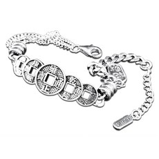 招財旺運 925純銀五帝錢手鍊，質感高貴，精細雕刻，男女皆宜, 14-19cm, SB-1001