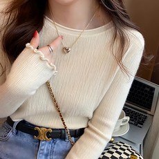 女款 親膚感 木耳邊 長袖打底衫 - 棉+聚酯纖維, 肩寬29cm 胸寬38cm 全長56cm 袖長50cm, 杏