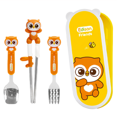 Edison Friends 兒童餐具組 貓頭鷹 Olly Set, 可愛動物角色學習筷，附筷子、湯匙、叉子，共三件組, 湯匙*1支+叉子*1支+右手學習筷*1雙+收納盒*1個, 1組