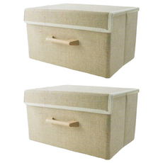 妃妃嚴選 加厚亞麻收納籃 米+綠/白+米/湖水藍/棕+灰, 大中小款, 中, 米色 + 綠色, 2個