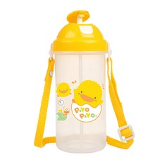 PiYOPiYO小鴨 彈跳水壺 PP材質 不含雙酚A(BPA) 附可調式揹帶, 黃色, 600ml, 1個