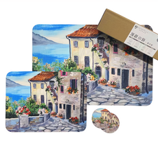 PATHBRITE 墊子組合包 聚酯纖維+天然橡膠 地墊40*60cm 餐桌墊30*40cm 杯墊10*10cm, 漫遊小鎮, 1組