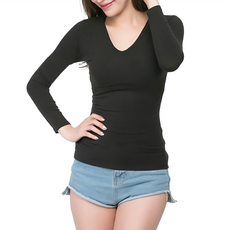 Free King 富立金 女款極速V領發熱衣 台灣製造 54%亞克力 33%天絲棉, M、L, 黑色