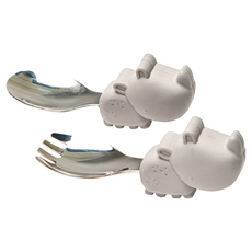 Loulou Lollipop 動物造型304不鏽鋼學習訓練叉匙組, 幼兒湯匙 + 叉子, 害羞犀牛, 1組