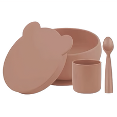 MiNiKOiOi 小美食家碗杯匙3件組, 吸盤碗12 x 6.5cm 300ml + 學習杯6.5 x 7cm 180ml + 湯匙13.2 x 2.7 x 1.6cm, 可可棕, 1組