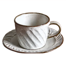 咖啡杯組-日本製 陶瓷杯具 含杯碟, 旋劃刻紋 白色, 1組