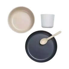 EKOBO 竹纖維兒童餐具組 4件組, 芝麻奶霜, 1組, 碗+盤+杯+湯匙
