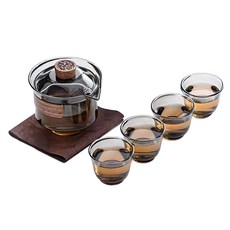 便攜式旅行茶具防燙玻璃泡茶壺 杯組, 高硼硅玻璃手工吹製, 1組, 茶壺(11 x 10 x 5cm) + 杯(6 x 5 x 4cm), 透明玻璃