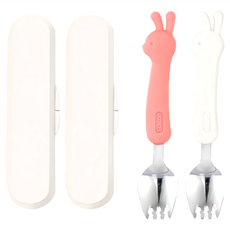 Edison 矽膠柄兒童餐具組 兔子款 愛迪生嬰兒矽膠湯叉收納盒, 叉子*2支+盒子*2個, 粉色+奶油色, 1組