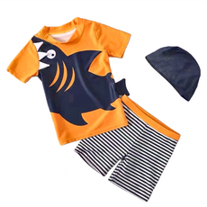 男童鯊魚短袖分體泳衣套裝 含泳褲和泳帽, 10碼, 黃色