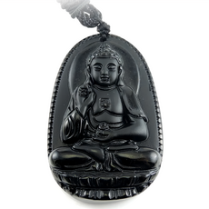 喜緣玉品 十二生肖八大守護神黑曜石玉珮，可調整長度掛繩，提升氣場, 阿彌陀佛 狗豬, 1個