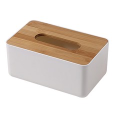 日系簡約衛生紙盒 PP + 天然竹木, 21 x 12.5 x 10cm, 白色