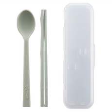 Sillymann 100%鉑金矽膠兒童餐具套裝組(附防塵盒), 奶油綠, 湯匙172 x 34mm + 筷子175 x 6.2mm, 1組