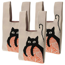 針織手提包 C443 米色貓咪 手提長12cm, 35 x 19cm