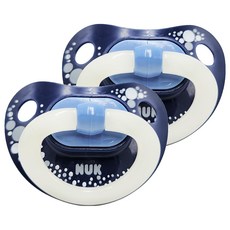 NUK Happy Nights 安撫奶嘴, 更柔軟, 更薄, 更窄, 附可攜式奶嘴盒, 0~6個月, 藍色, 2個