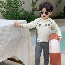 長袖防曬泳衣套裝，包括泳褲（無綁帶）和泳帽, M, 米色 + 灰黑色