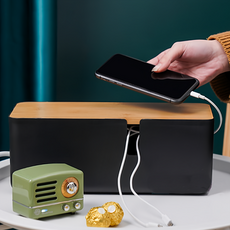 Mega 極簡風木蓋電線收納盒，ABS材質，30x12.3x11.8公分, 消光黑, 1個