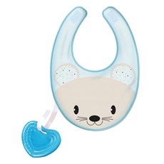 chicco 動物棉織圍兜 附掛矽膠固齒器 4個月以上, 藍色, 1入, 1組