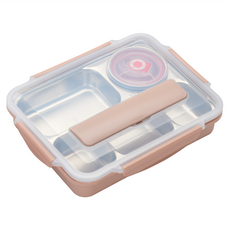 Mega 北歐304不鏽鋼分格便當盒, 加大款, 附餐具, 附湯碗, 31 x 24 x 6cm, 粉色, 1組