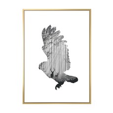 蒼鷹藝術掛畫 現代簡約風格 黑白飛鷹森林剪影圖案, 金色