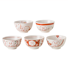 JAR 嚴選 藍嵐日式輕量碗5件組 13.3 x 7cm 450ml, 吉祥月兔款 紅色, 1組