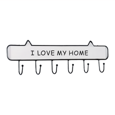 衣帽架 鑰匙架 六鈎 木質鐵藝 I LOVE MY HOME, 49 x 13.5 cm, 白色