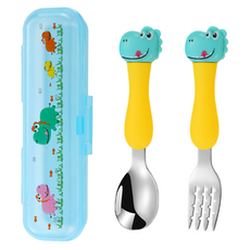 Jasmine’s Kitchen 小茉廚房 304不鏽鋼兒童學習輔食餐具套組, 1組, 湯匙 + 叉子 + 收納盒, 藍色恐龍
