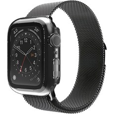 Sinjimoru Apple Watch 兼容 磁吸式 金屬 米蘭尼斯 錶帶 + 9H 全包覆 一體式 保護殼, 水晶透明(錶殼),黑色(錶帶), 1個