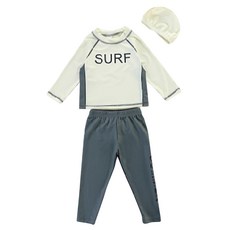 兒童款 長袖防曬泳衣 長袖上衣+泳褲+泳帽, 3XL, 米色 + 灰黑色