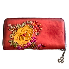 頭層牛皮手工彩繪 牡丹花與蝶 LH953 復古紅 女士錢包
