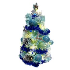 耶誕迷你裝飾冰藍色聖誕樹 銀藍松果系 20燈LED銅線燈 暖白光 USB/電池兩用充電