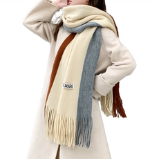 葉子小舖 圍巾 三色流蘇款 仿羊絨針織, 米色 + 灰色 + 咖色, 200 x 40cm