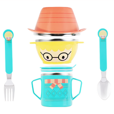 baby mambo 蔓葆 兒童餐具 MY BEST FRIENDS 系列 304不鏽鋼餐具五件組禮盒, 碗 x 2 + 湯匙 + 水杯 + 叉子, 綠色火星人, 1組