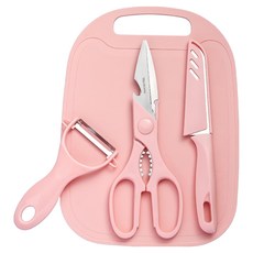 YUNMI 廚房刀具4件組 粉色, 1組, 砧板 290 x 190mm + 刮皮器 125 x 75mm + 水果刀 198 x 25mm + 剪刀 205 x 75mm