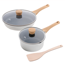 cook power 鍋寶 Lumi系列 電磁爐適用 7層不沾鑄造5件組, 1組, 煎鍋 28cm + 玻璃蓋 28cm + 單柄湯鍋 20cm + 玻璃蓋 20cm + 無漆圓角原木鏟, 白色