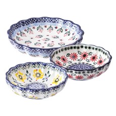 MAISON OBJET 波蘭陶花卉配菜碗3件組, 1組, 圓盤(藏紅花+黃三色堇) 餐盤(小花)
