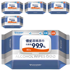 US baby 優生酒精濕巾, 有效抗菌達99.9%, 80抽, 適用於餐具、奶嘴、玩具及居家用品, 80張, 5包