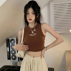 M132 甜辣削肩無袖刺繡背心, L, 咖