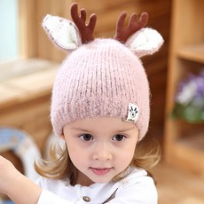 Kori Deer 可莉鹿 麋鹿角嬰兒童秋冬加厚針織毛線帽, 皮粉色, 4~24M