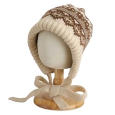 親子羊毛緹花護耳帽, 米灰邊緹花, 頭圍(48~53cm) x 帽深(20cm)