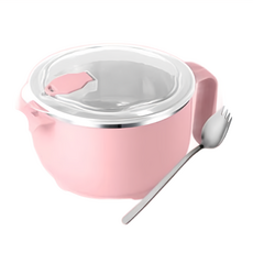 大容量304不鏽鋼帶叉匙泡麵碗, 芙蓉粉, 1.2L, 1組