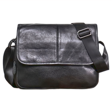 真皮頭層牛皮男士雙拉鍊郵差包 可放9.7吋iPad A4不可, 29 x 23 x 6cm, 黑色